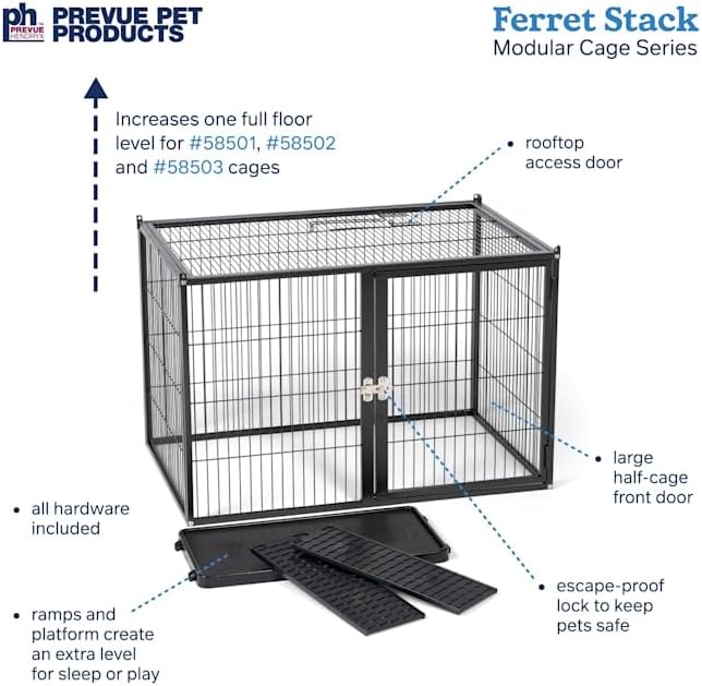 Prevue Pet Products Ferret Stacking Cage Add-On Unit - Extra Level with Ramps and Platform for Modular Ferret Habitat, Accessories for Cage Expansion with Shelves & Ladders for Climbing - Black