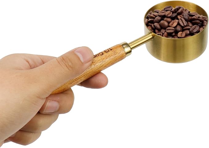 1/3 Cup Stainless Steel Measuring Cup with Wooden Handle, 80ml | Gold Metal Measuring Scoop, 80ml Measuring Spoon, For Baking, Cooking, Wet and Dry Ingredients