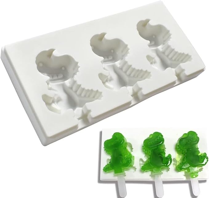 1 Pack Cute Dinosaur Shape Popsicle Molds Silicone Ice Pop Molds 3 Cavities Popsicle Molds for Kids Adults Ice Cream Mold Cakesicles Mould DIY Popsicle Maker Homemade Popsicle Silicone Molds I