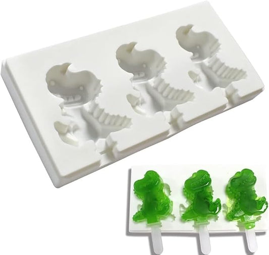 1 Pack Cute Dinosaur Shape Popsicle Molds Silicone Ice Pop Molds 3 Cavities Popsicle Molds for Kids Adults Ice Cream Mold Cakesicles Mould DIY Popsicle Maker Homemade Popsicle Silicone Molds I