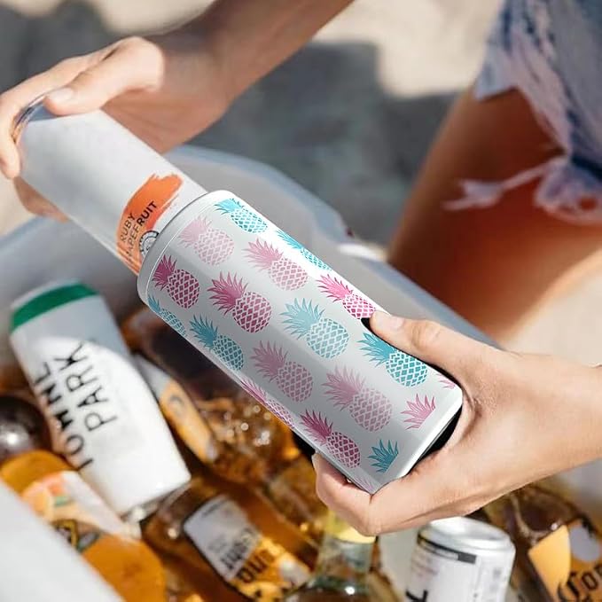 TILUCK Skinny Can Cooler, Stainless Steel Insulated Slim Cans, 12 oz | Beer & Hard Seltzer, Doucle-Walled Stainless Steel Insulated Slim Cans, Slim 12 oz(Pineapple)