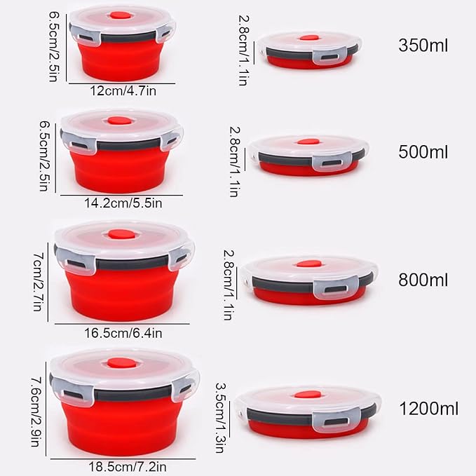 Guyuyii 4 Pack Food-Grade Silicone Collapsible Bowls with Lids for Camping | BPA-Free Round Nesting Set for RV Travel, Hiking, and Outdoor Recreation Activities | Microwave, Freezer, Dishware Safe