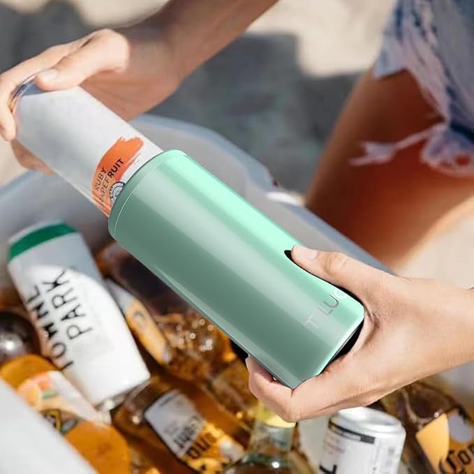 TILUCK Skinny Can Cooler, Stainless Steel Insulated Slim Cans, 12 oz | Beer & Hard Seltzer, Doucle-Walled Stainless Steel Insulated Slim Cans, Slim 12 oz (Glitter Aqua)