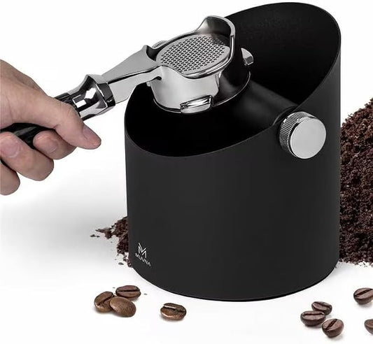 Espresso Knock Box, Coffee Grounds Container, Large 15-Puck Capacity - Shock Absorbent Silent Silicone Bar & Non-Slip Base, Slanted Mouth Trash Can for Home Barista, Espresso Accessories (Black)