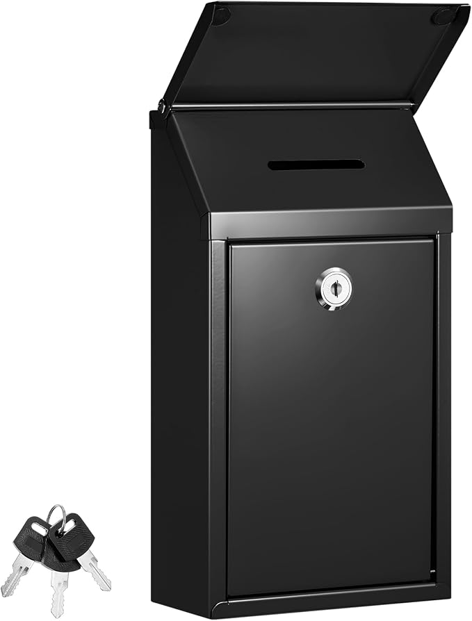 Yaocom Metal Money Box,Black,10.2 x 5.7 x 3 Inch,with Lid | Wall Mounted Drop Donation Cash Box for Farm Stand Collection Safe Suggestion Box with Lock Container for Home Office Outdoor