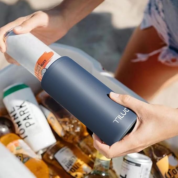 TILUCK Skinny Can Cooler, Stainless Steel Insulated Slim Cans, 12 oz | Beer & Hard Seltzer, Doucle-Walled Stainless Steel Insulated Slim Cans, Slim 12 oz(Frosted Navy)