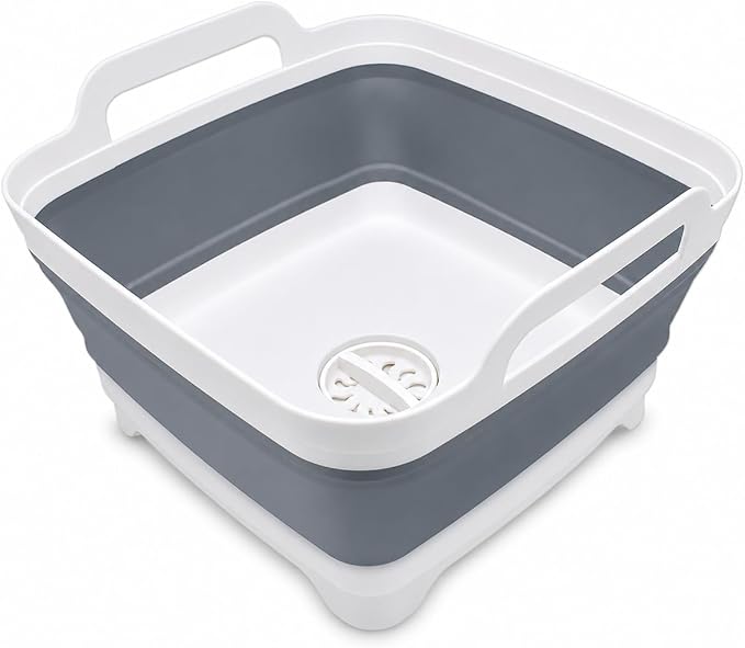 2.4 Gal(9L) Collapsible Dish Basin with Drain Plug, Space Saving Outdoor Multiuse Foldable Sink Tub, Dishpan, Kitchen Storage Tray for Camping, Vegetable Washing, RV (Gray)