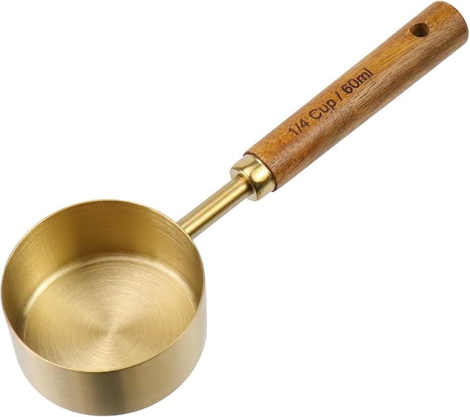 1/4 Cup Stainless Steel Measuring Cup with Wooden Handle, 60ml | Gold Measuring Scoop, 125ml Metal Measuring Spoon, For Baking, Cooking, Wet and Dry Ingredients