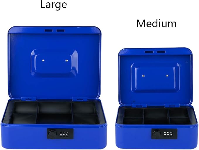 KYODOLED Large Cash Box with Combination Lock,Safe Metal Box for Money, Storage Lock Box with Money Tray,9.84"x 7.87"x 3.54" Blue Large