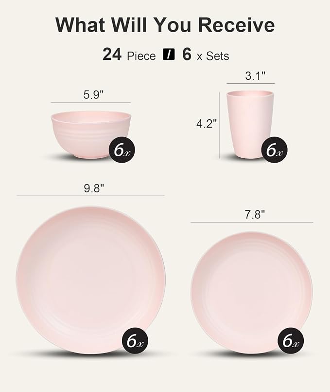 Quatish 24 Piece Plates and Bowls Sets for 6, Unbreakable Dinnerware Sets, Plastic Dish Set for Camping, Dishwasher Microwave Safe, Outdoor Kitchen and Apartment Dorm Dinning RV Essentials, Pink