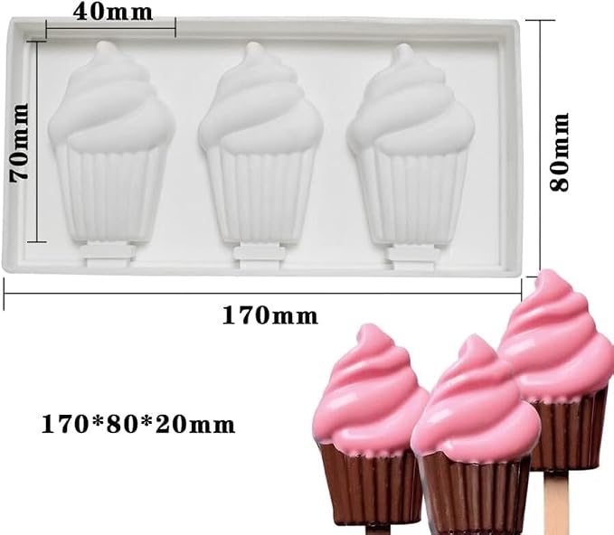 1 Pack Cute Ice Cream Shape Popsicle Molds Silicone Ice Pop Molds 3 Cavities Popsicle Molds for Kids Adults Ice Cream Mold Cakesicles Mould DIY Popsicle Maker Homemade Popsicle Silicone Molds K