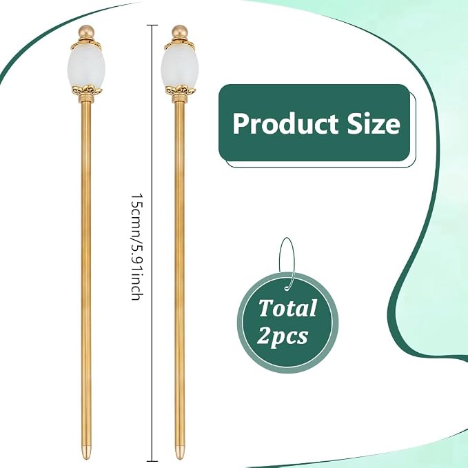 PH PandaHall 2PCS White Opalite Hair Sticks 5.9inch Oval Gemstone Hairpins Golden Chinese Hair Chopsticks Vintage Metal Hairpins for Valentine's Day Mother's Day Women Long Hairs Ornament