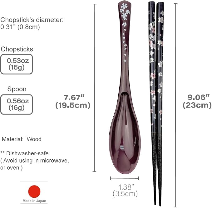 Premium Japanese Chopsticks with Spoon Reusable [ Made in Japan ] Traditional Lacquer Art Wooden Chopsticks (Flower PU(MK003))