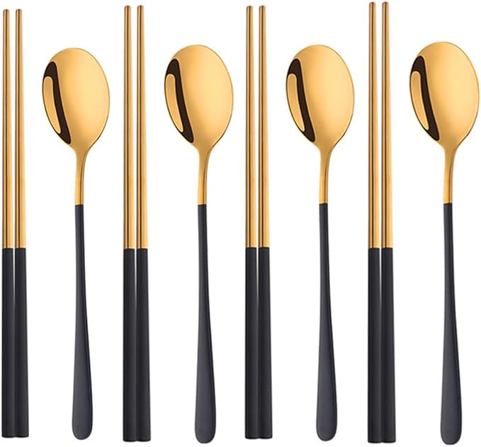 TEAHA Reusable Korean Chopstick and Spoon Set,4 Sets Long Handle Stainless Steel Spoon and Chopsticks Set,Metal Chopsticks Dishwasher Safe, Black Gold.