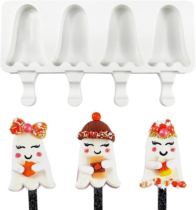 Cute Halloween Ghost Shaped Popsicle Mold Silicone 4 Cavities Ice Pop Molds for Kids Adults Reusable Ice Cream Mold Cake Pop Molds Silicone Popsicle Molds Cake Cakesicle Mold for DIY Ice Pops D