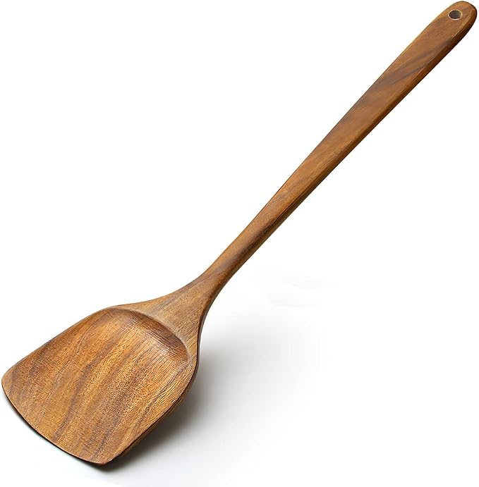 Wooden Spatula,15.3 Inch Flat Wood Wok Spatula,Wood Kitchen Utensils for Cooking,Long Handle Turner Coated Natural Resin, Handmade Kitchenware for Nonstick Pan Cookware
