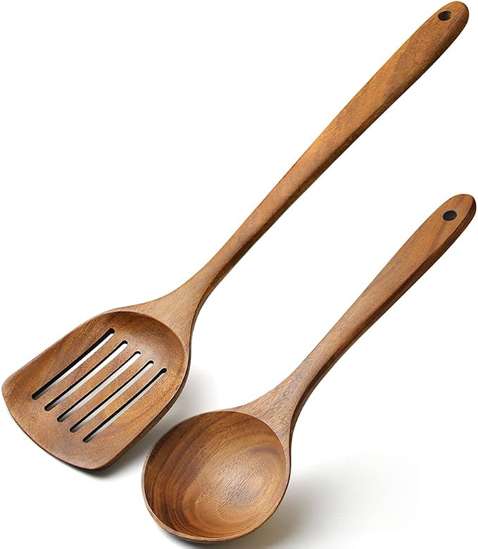 Wooden Spatulas Set of 2, Acacia Wood Rice Paddle with Slotted Design for Nonstick Cookware
