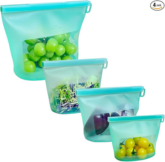 Reusable Silicone Food Storage Bags (Set of 4), Dishwasher Oven Microwave Freezer Safe, Eco-Friendly Leakproof Sous Vide Bags, Premium Lunch Containers, 1 Snack 2 Sandwich 1 Half Gallon, Mint