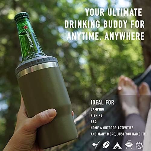 4 in 1 Stainless Steel Can/Bottle Insulator, 14oz Two-Way Lids SUS Insulated Can Cooler, Beer Bottle holder (Olivaceous)