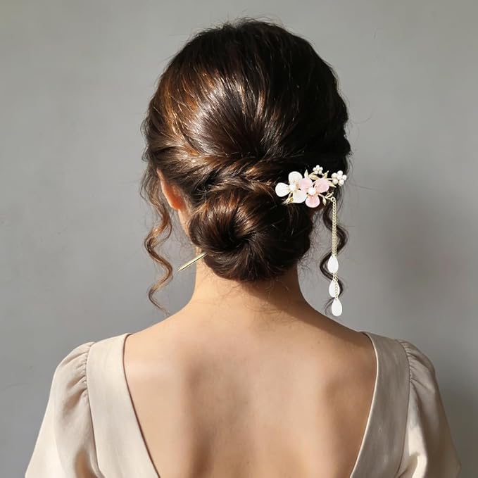 6Pcs Chinese Hair Sticks Set Pink Chinese Hair Sticks with Pearl, Butterfly & Flower Design, Japanese Hair Pin, Traditional Asian Hairpins for Bun Updo