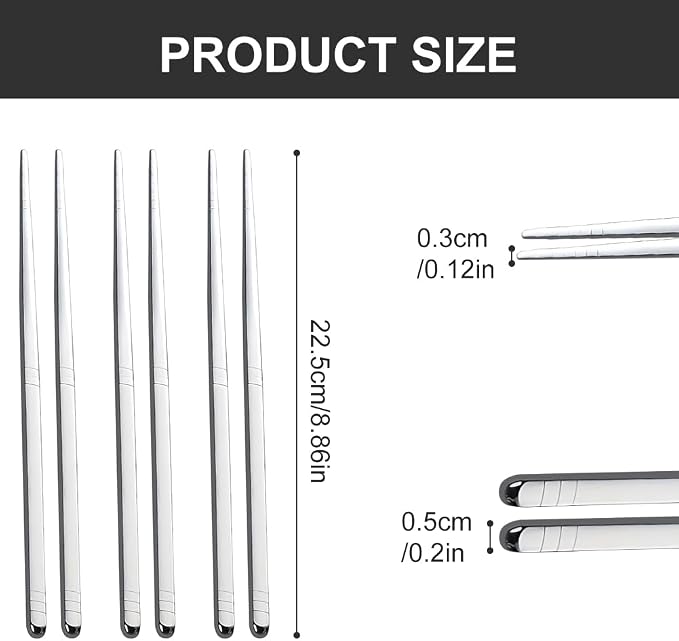 Stainless Steel Chopsticks Set, 5 Pairs, Square Non-Roll, Non-Slip Tips | Length 8.86 in each, Mirror polished silver finish, For noodles dumplings sushi rice hot pot, No case or stand