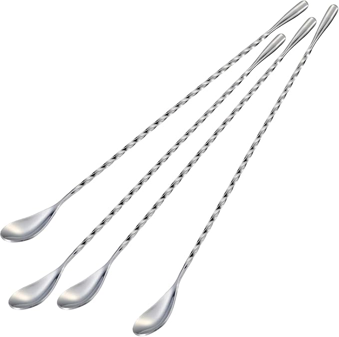 Briout 4 Pieces Bar Spoon, 12 Inches Long Handle Drink Stirrer with Mirror Finished Surface, Stainless Steel Cocktail Mixing Spoons for Drink, Silver