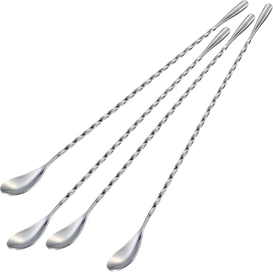 Briout 4 Pieces Bar Spoon, 12 Inches Long Handle Drink Stirrer with Mirror Finished Surface, Stainless Steel Cocktail Mixing Spoons for Drink, Silver