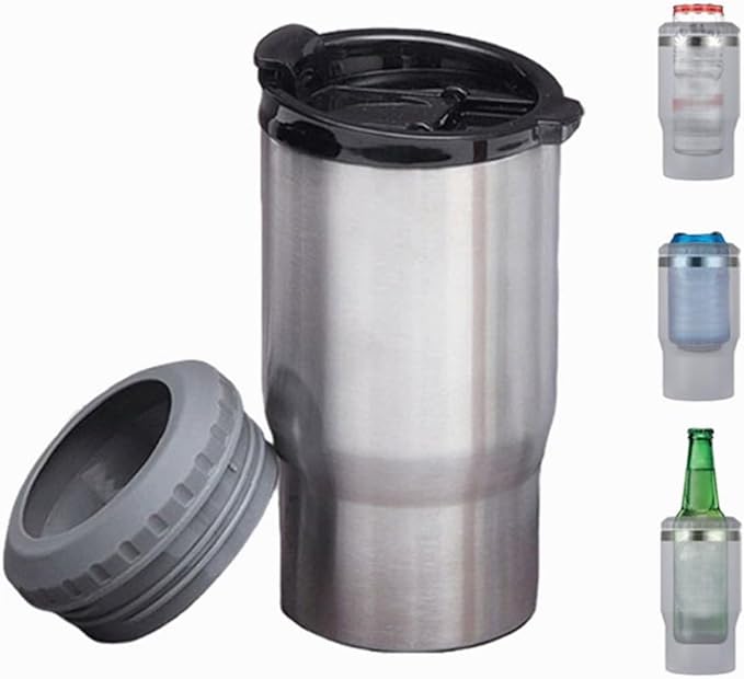 14oz 4 in 1 Stainless Steel Can Cooler Beer Bottle Insulator With 2 Lids for 12oz can&bottle, Double walled insulated Thermocooler &Travel Mug Holder Keeping Your Bevearge Cold (Stainless steel)