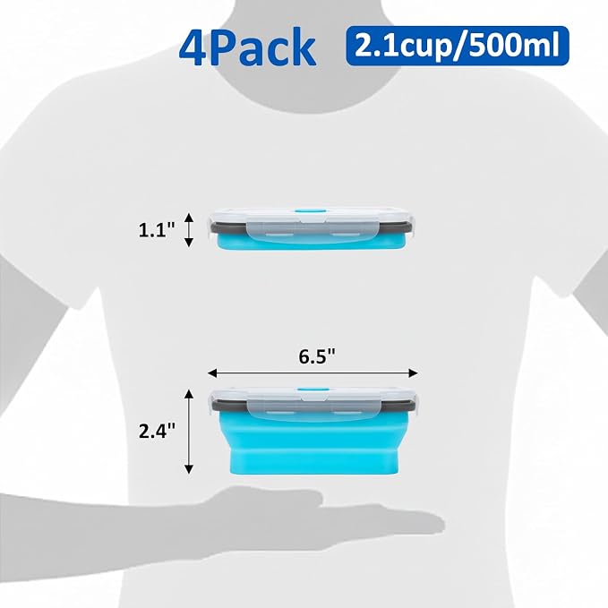 Collapsible Silicone Food Storage Containers Set with Lid & Air Vent,Foldable Lunch Containers(4PCS,Blue,17oz)
