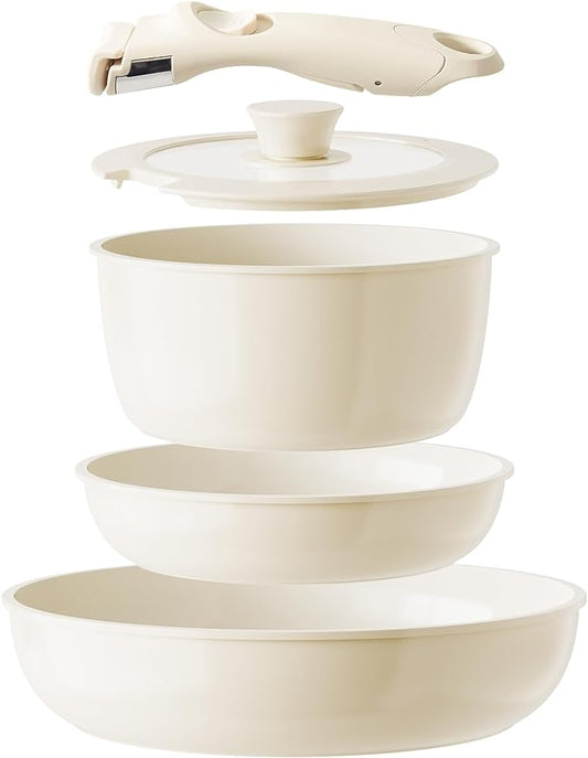 Redchef Ceramic Pots and Pans Set Non Stick, Nonstick Kitchen Cookware Sets, Non Toxic Pots and Pans Set Non Stick, PFAS PFOA & PTFE Free, Detachable Handle Pots and Pans 5 Piece, RV Cookware