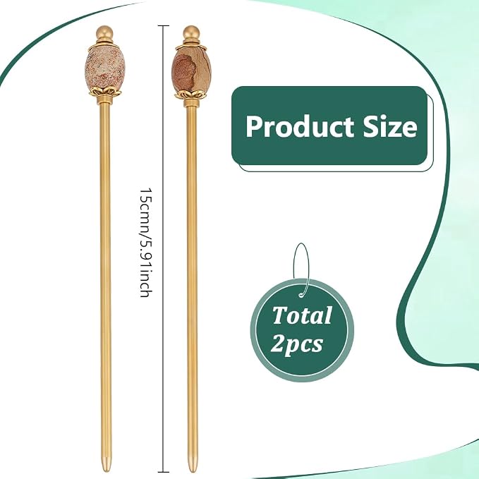 PH PandaHall 2PCS Picture Jasper Bead Hair Sticks 5.9inch Oval Gemstone Hairpins Golden Chinese Hairpin Metal Hair Chopsticks Vintage Hairpins for Valentine's Day Mother's Day Women Hairs Ornament