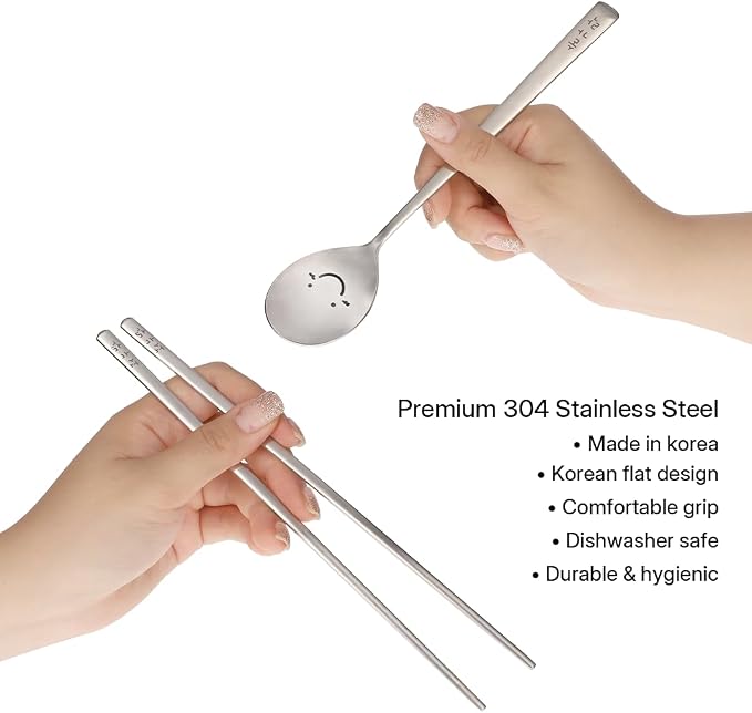 Korean Smiling Spoon and Chopsticks Set, Hangul Engraved Stainless Steel Tableware, Gift Ready Palace Inspired Box