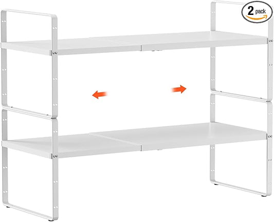 2Pack 16.5-27’’L Expandable Cabinet Shelf Organizers, Stackable Metal Shelves Extender for Kitchen Countertop Storage, Adjustable Spices Shelves Rack Stand for Cupboard Pantry, White