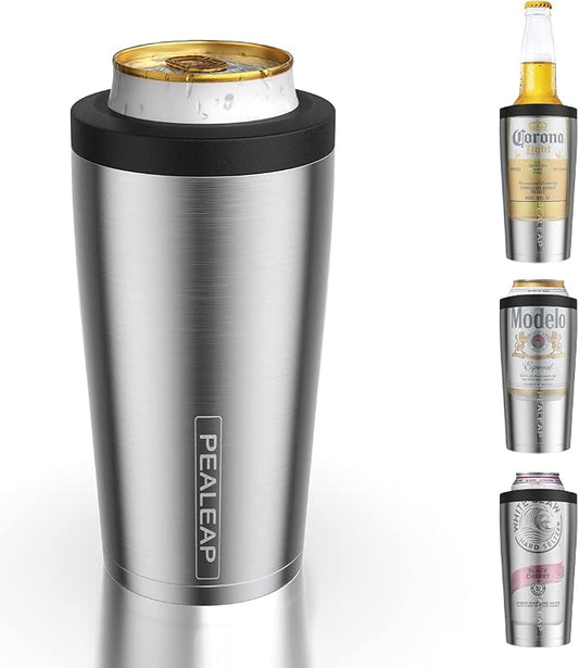 Pealeap 4-in-1 Insulated Slim Can Cooler for All 12oz Cans & Beer Bottles | Double-walled Stainless Steel Vacuum Can Cozy | Keep 8Hrs Cold | Universal Fits 12oz Drinks | No Sweat | Cup Holder Friendly
