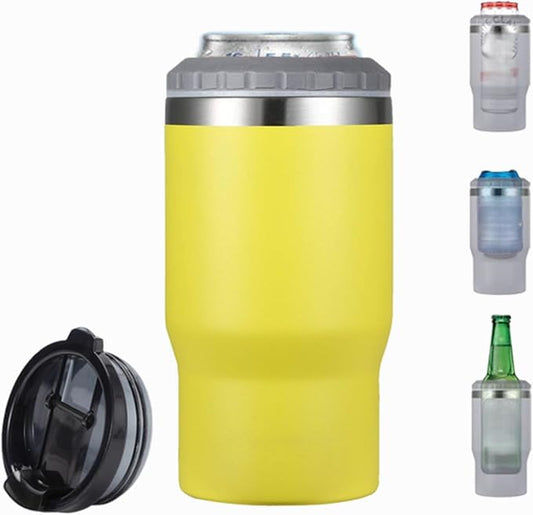 14oz 4 in 1 Stainless Steel Can Cooler Beer Bottle Insulator With 2 Lids for 12oz can&bottle, Double walled insulated Thermocooler &Travel Mug Holder Keeping Your Bevearge Cold (Yellow)