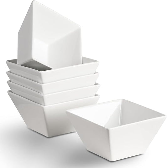 Porcelain Small Serving Bowls Set of 6, 13 Oz Square Cereal Bowls, 4.6" White Ceramic Dessert Bowls for Salad, Dip, Soup, Snack, Fruits, Small Portions, Dishwasher & Microwave Safe