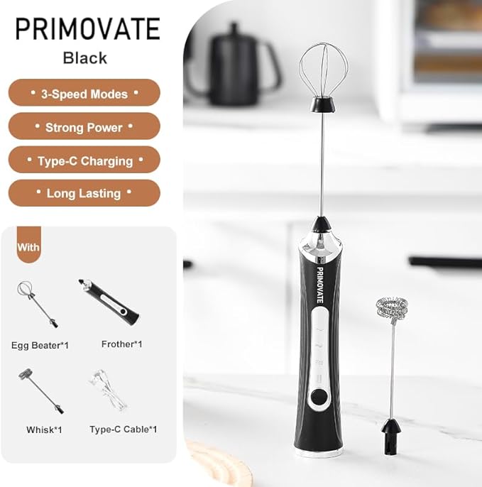 Rechargable Milk Frother, Handheld Drink Mixer with Whisk Attachment, 2025 upgraded, powerfull 3 speed motor, Type C charging with charge light, with extra egg mix head (Black without Stand)