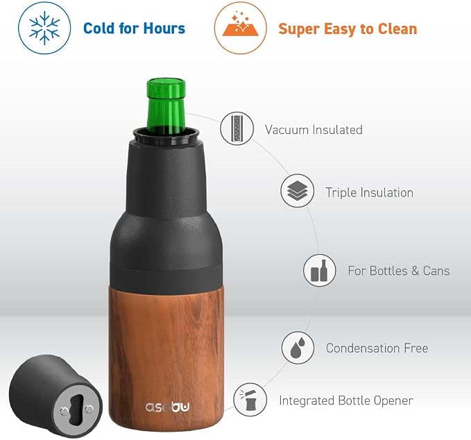 Asobu Frosty Beer Holder 2 Go Vacuum Insulated Double Walled Stainless Steel Beer Can and Bottle Cooler with Beer Opener, Bpa Free, Fits Standard 12oz Bottles & Cans, Gift for Beer Lovers