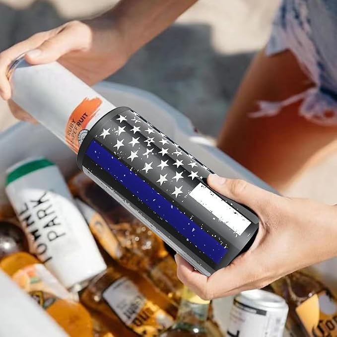 TILUCK Skinny Can Cooler, Stainless Steel Insulated Slim Cans, 12 oz | Beer & Hard Seltzer, Doucle-Walled Stainless Steel Insulated Slim Cans, Slim 12 oz(Black U.S. Flag)