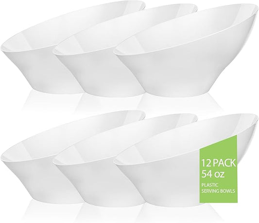 BESTVIP 54oz White Plastic Serving Bowls for Party - 12 Pack Angled Disposable Serving Bowls, Party Bowls for Chips, Snacks, Fruit, Salad - Bowls for Parties, Daily Use,Halloween, Christmas