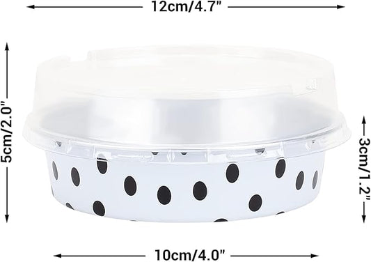 Beasea Mini Tart Pans with Lids 100 Pack, 4” 8oz Disposable Aluminum Baking Foil Tins Round Small White Black Dot Container for Individual Cupcake Dessert Muffin Ramekin Cheesecake Quiche Oven Dishes