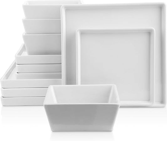 Stone Lain Grace Square Stoneware Dinnerware Set, 12 Piece Service For 4, Plates and Bowls Dish Set, White