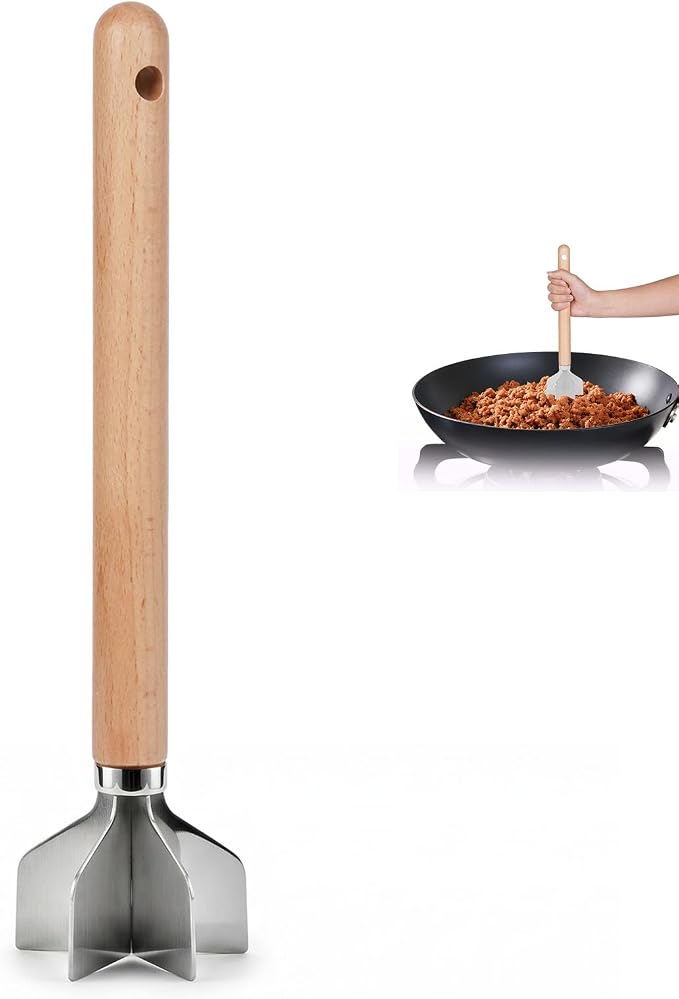 Meat Masher Stainless Steel Meat Chopper, 6-Blade Ground Beef Chopper Tool with 11" Wooden Handle for Hamburger,Turkey & Potato Masher (L, Wood Handle-1pc)
