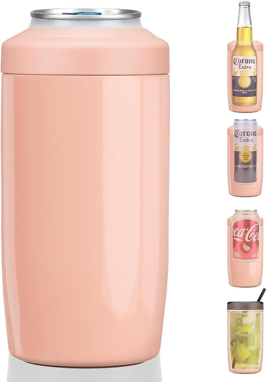 4-in-1 Slim Can Cooler Easy to Hold Insulated Beer Can Holder Double-walled Stainless Steel for All 12 Oz Cans Gift (Jelly Pink)