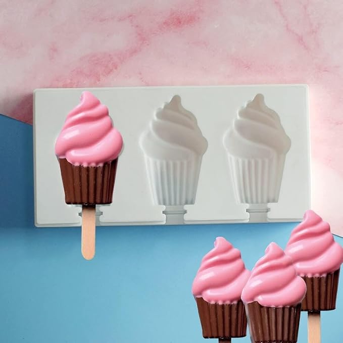 1 Pack Cute Ice Cream Shape Popsicle Molds Silicone Ice Pop Molds 3 Cavities Popsicle Molds for Kids Adults Ice Cream Mold Cakesicles Mould DIY Popsicle Maker Homemade Popsicle Silicone Molds K