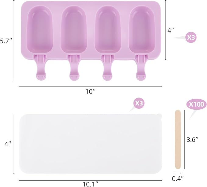 3 Set Violet Popsicles Molds with Lids and 100 Pcs Wooden Popsicles Sticks, Standard Size 4 Cavities Silicone Ice Pop Molds for Making Cakesicles, Cake Pops, Ice Cream - BPA Free