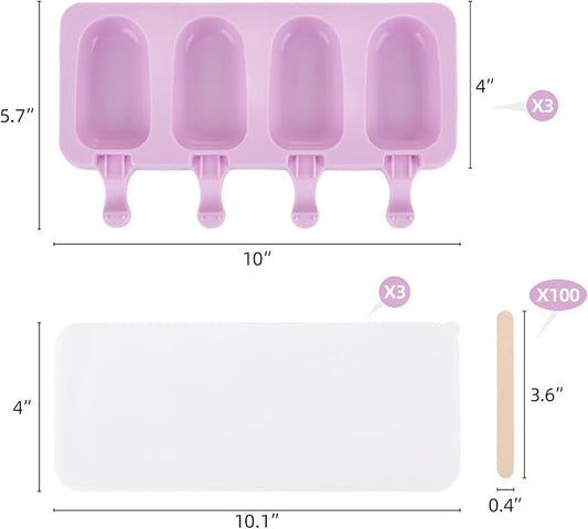 3 Set Violet Popsicles Molds with Lids and 100 Pcs Wooden Popsicles Sticks, Standard Size 4 Cavities Silicone Ice Pop Molds for Making Cakesicles, Cake Pops, Ice Cream - BPA Free