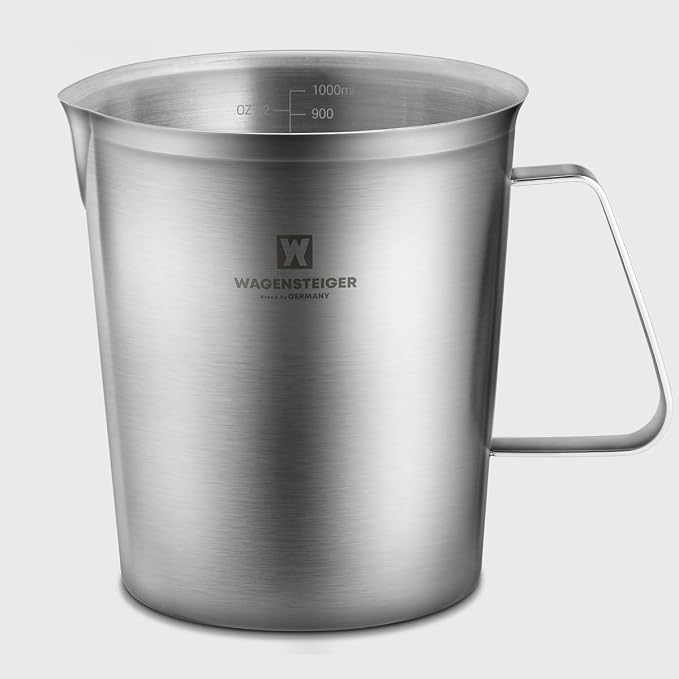 WAGENSTEIGER 18/8 Stainless Steel Measuring Cup: Metal Measuring Pitcher with Engraved Oz & ml Markings, Precision Pour Spout & Sturdy Handle – Baking, Coffee & Barista Use (1000ml / 33.8Oz)
