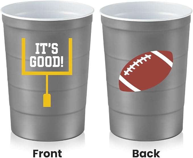 Steel Chill Cups 16 oz. Reusable Party Cups, Football, Gray, 12 Count | Made in USA from Steel these durable cups chill fast & keep your drink cold for longer, 100% recyclable for sustainablity