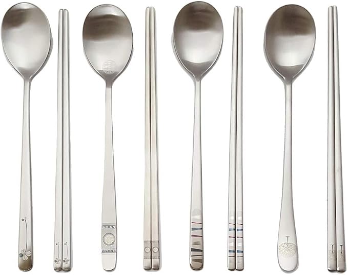 [5 Sets] [Made in Korea] Korean Sticky Rice Spoon Chopsticks Set Gold Titanium Plating 304 Stainless Steel Tableware Cutlery Set Mukbang Chopsticks (Four-leaf Clover, 5 Sets)